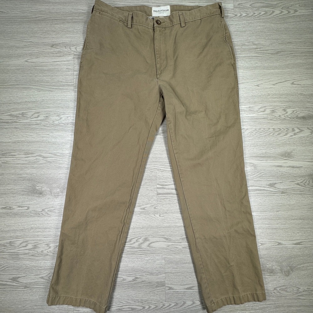 Perry Ellis Mens Pants Tailored Fit Chino Khaki Tan 38x32 Cotton Flat‎ Front